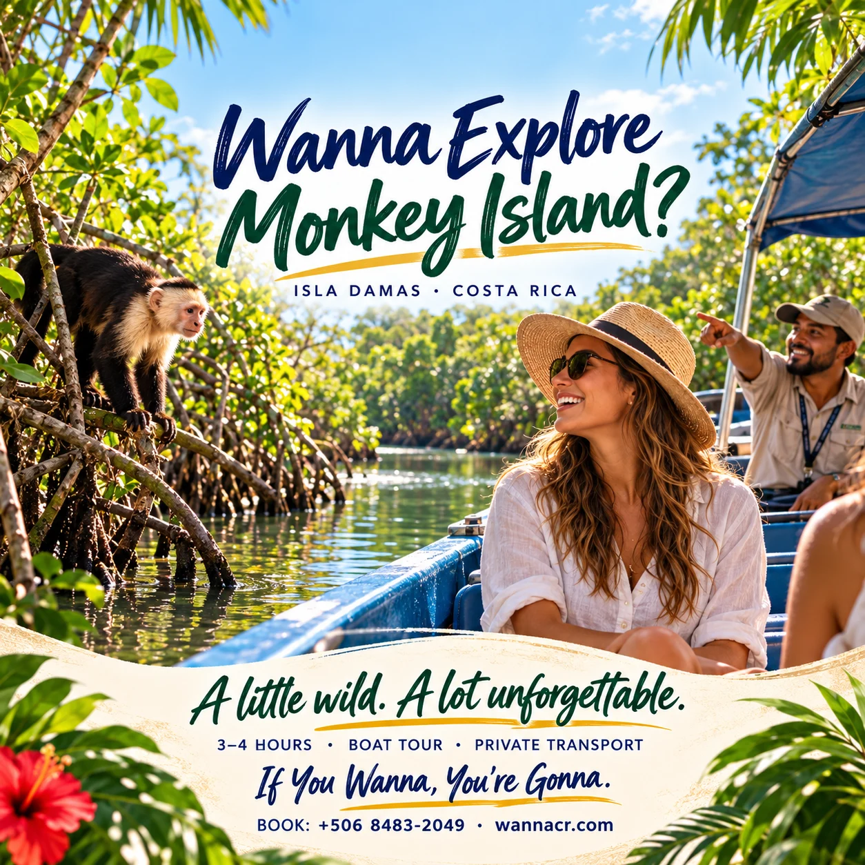 Illustrative Isla Damas capuchin and boat tour artwork